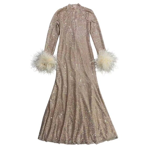 Self-Portrait Champagne Rhinestone Feather Midi Dress US 2 - Picture 7 of 10